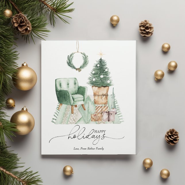 Cartão De Festividades Quarto Simples Verde Natal Aconchegante Apartament (Criador carregado)