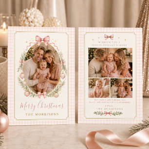 Cartão De Festividades Quatro Fotos Laço Rosa Xadrez Natal Família