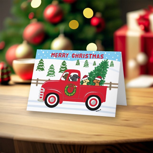 Cartão De Festividades Quatro Labradores Red Truck Natal (Four Labradors and Vintage Red Truck design Christmas Cards for Labrador Owners. Festive design.)