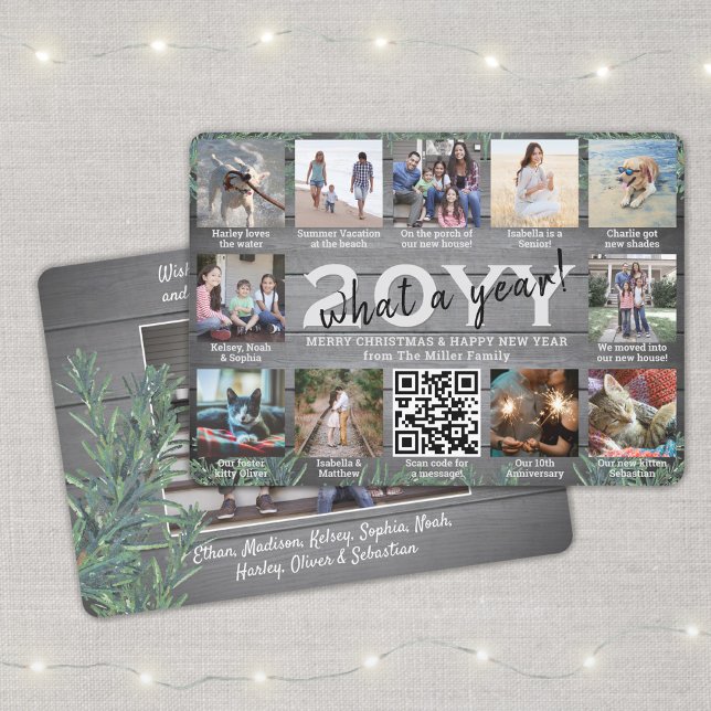Cartão De Festividades Que ano! Código QR 12 Colagem de Fotos Madeira e P (Criador carregado)