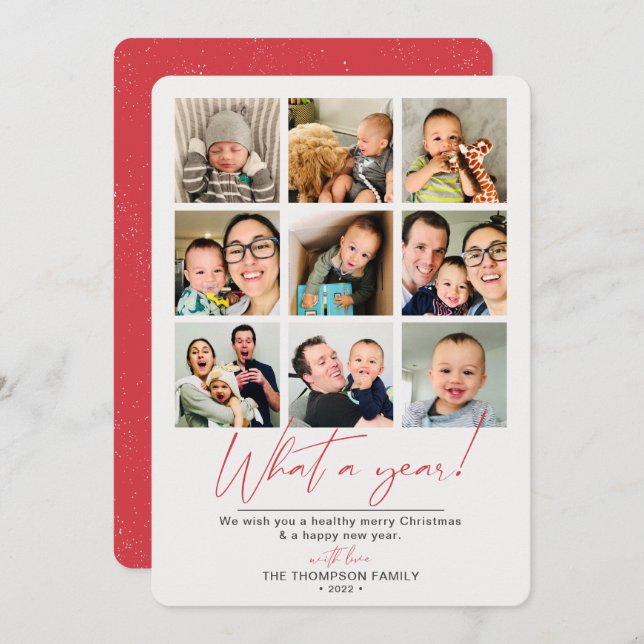 Cartão De Festividades Que Colagem de Fotos Vermelha de Ano (Frente/Verso)
