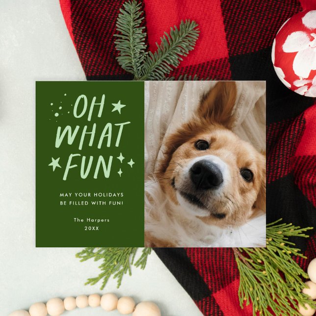 Cartão De Festividades Que Diversão Põe Foto no Natal Verde (oh what fun pet christmas card)