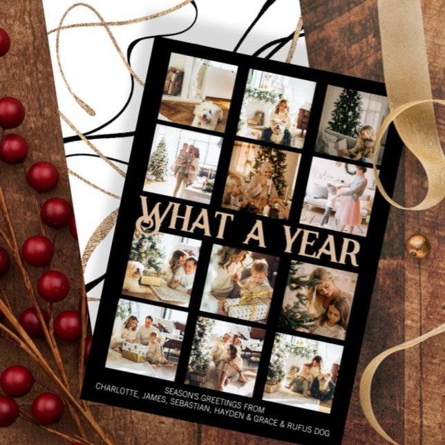 Cartão De Festividades Que Foto de Natal de Ano Personalizada (What a Year Photo Christmas Personalized Holiday Card by Ricaso. Add 12 photographs, make your own.)