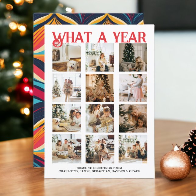 Cartão De Festividades Que Foto de Natal de Ano Personalizada (What a Year Photo Christmas Personalized Holiday Cards from Ricao. Retro color back. add own photos)