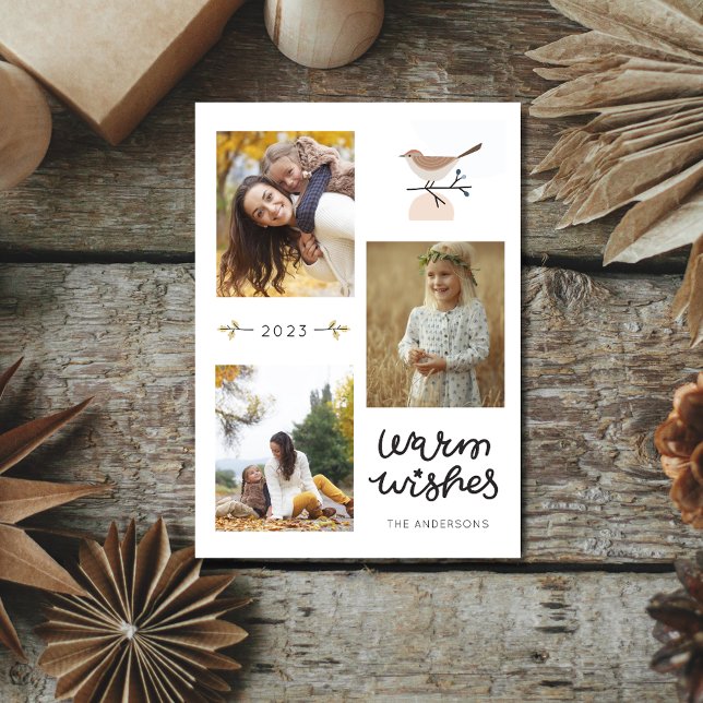 Cartão De Festividades Quente Desperta Pássaro Botânico Três Foto Natal (Warm Wishes Botanical Bird Three Photo Christmas Holiday Card)