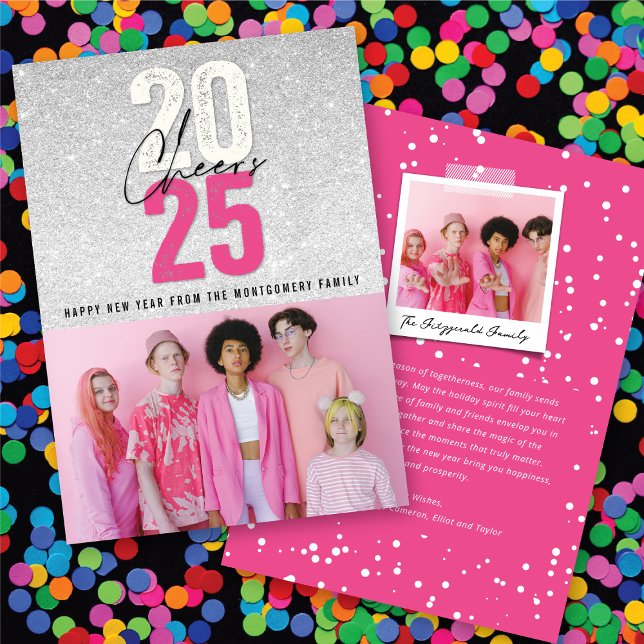 Cartão De Festividades Quente Rosa Cheers 2025 Foto de Ano Novo Glitter C (Hot Pink Cheers 2025 Glitter Chic New Year Photo Holiday Card @ fat_fa_tin)