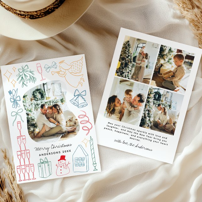 Cartão De Festividades Quirky Colorful Christmas Photo Hand drawn Doodle (Criador carregado)