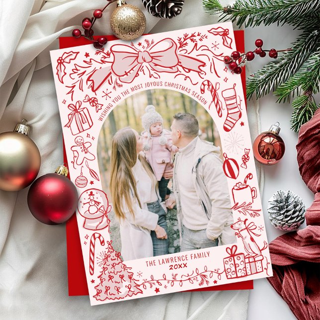 Cartão De Festividades Quirky Hand Drawn Bow Pink and Red Photo Christmas (Bright colorful pink and red Christmas doodles hand drawn scribble illustration 2 photo holiday card)