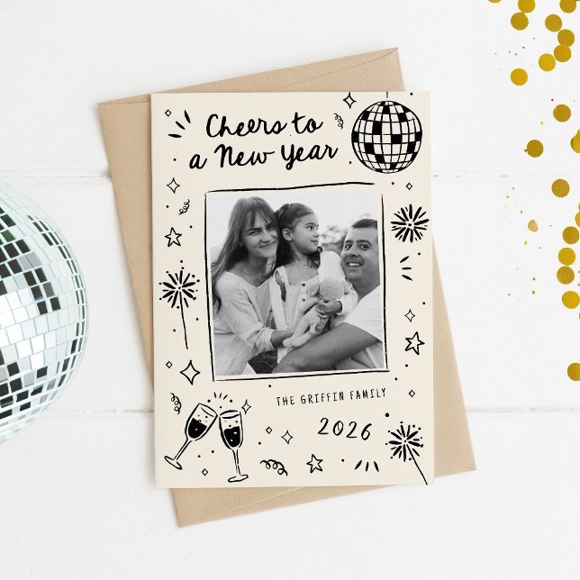 Cartão De Festividades Quirky Hand-Drawn Doodles New Year Photo Black (quirky hand-drawn New Year's card doodles)