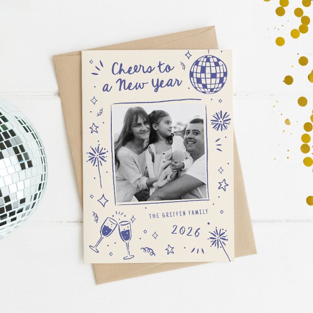 Cartão De Festividades Quirky Hand-Drawn Doodles New Year Photo Blue (Blue New Year photo card with quirky hand-drawn doodles like fireworks and stars)