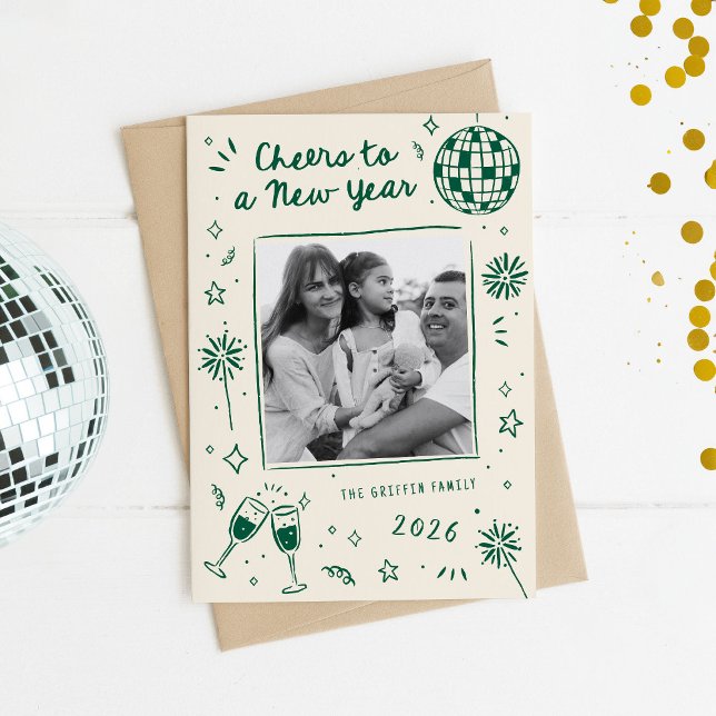 Cartão De Festividades Quirky Hand-Drawn Doodles New Year Photo Green (quirky hand-drawn New Year's card doodles)