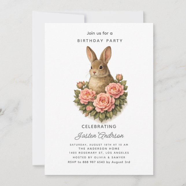 Cartão De Festividades Rabbit and Pink Flowers Birthday Party Invitation (Frente)