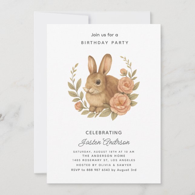 Cartão De Festividades Rabbit and Pink Flowers Birthday Party Invitation (Frente)