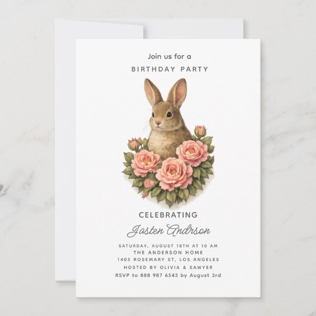 Cartão De Festividades Rabbit and Pink Flowers Birthday Party Invitation (Frente)