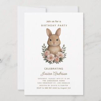 Cartão De Festividades Rabbit and Pink Flowers Birthday Party Invitation