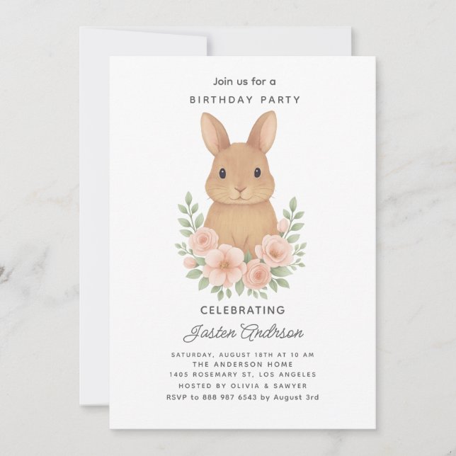 Cartão De Festividades Rabbit and Pink Flowers Birthday Party Invitation (Frente)