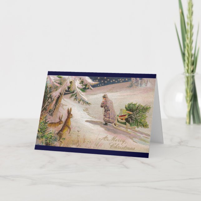 Cartão De Festividades Rabbits Watch Santa in Purple Coat Pull Sled (Frente)