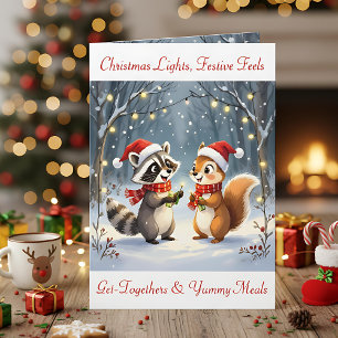 Cartão De Festividades Raccoon e Esquilo Manchando Luzes de Natal