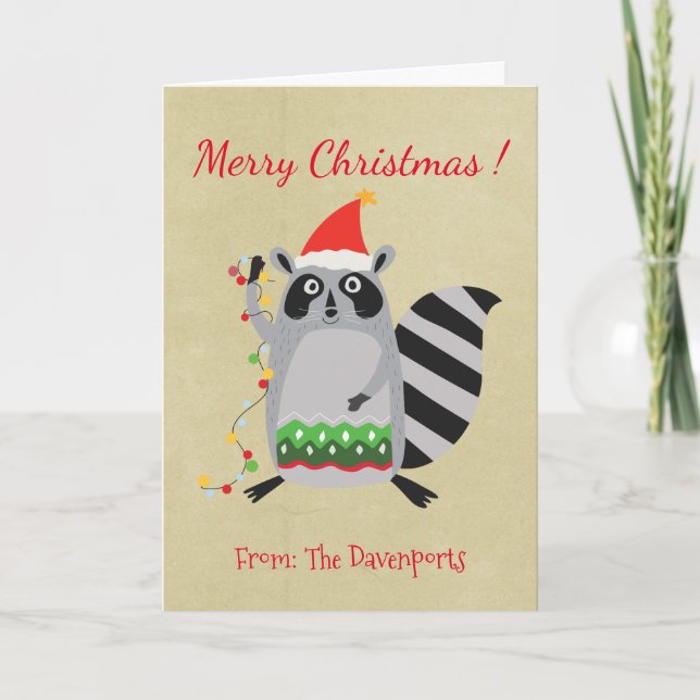 Cartão De Festividades Raccoon In Santa Hat Tangled Up In Xmas Lights (Frente)