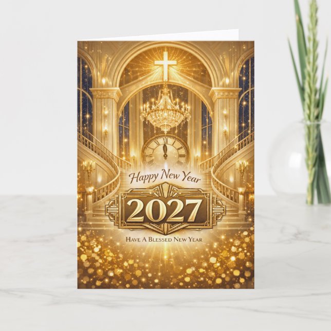 Cartão De Festividades Radiant Gold Christian Blessed New Year 2027 (Frente)