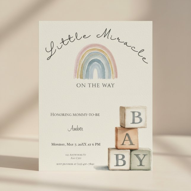 Cartão De Festividades Rainbow Baby Shower Invite Boho Neutral (Gender neutral rainbow baby shower invite with pastel boho colors and minimal design.)