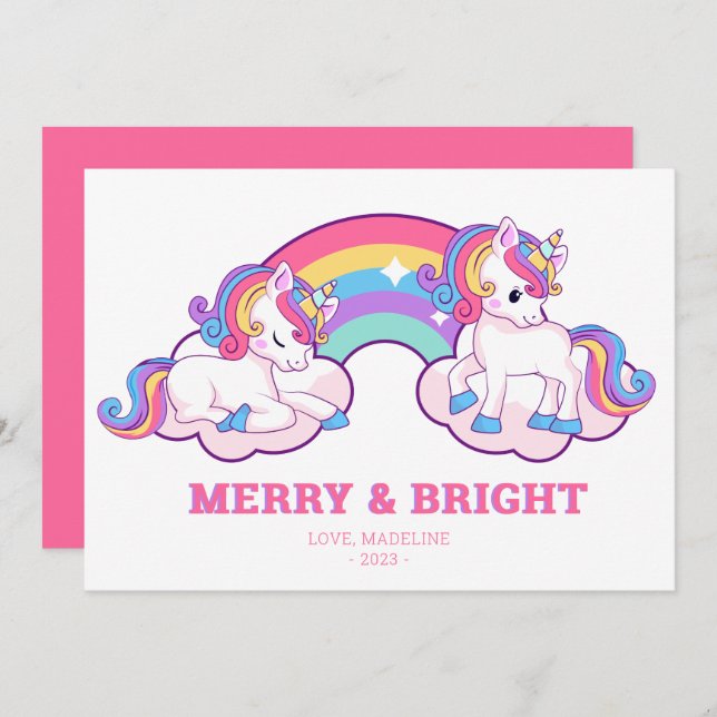 Cartão De Festividades Rainbow Unicorn Feliz e Bright Christmas (Frente/Verso)