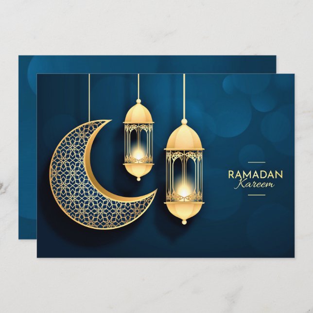Cartão De Festividades Ramadan Kareem Dourado Crescent e lanterna (Frente/Verso)