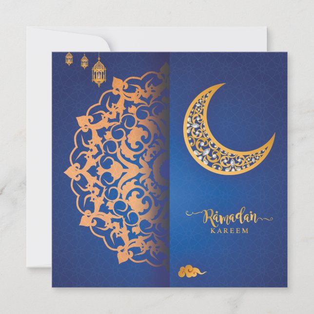 Cartão De Festividades Ramadan Kareem Mubarak - Azul e Ouro 4 personaliza (Frente)