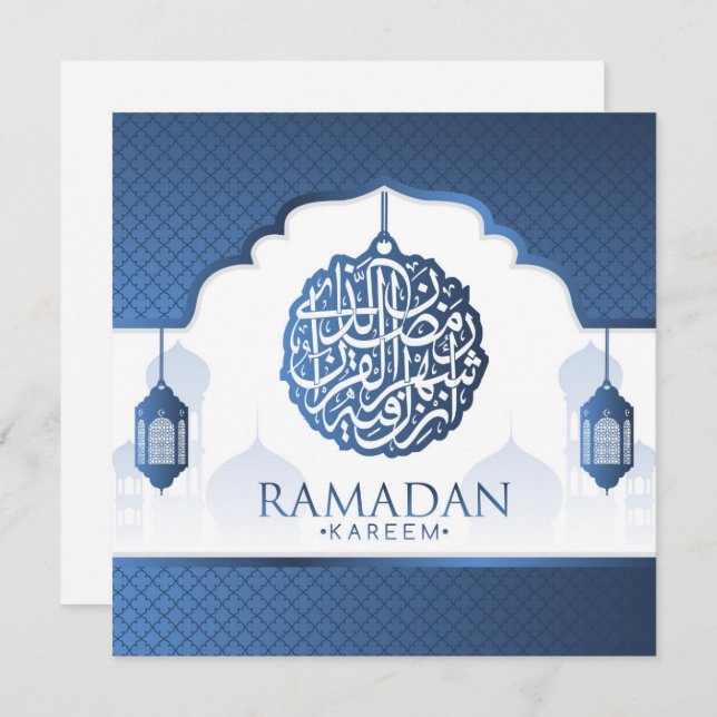 Cartão De Festividades Ramadan Kareem Mubarak Blue Calliografia (Frente/Verso)