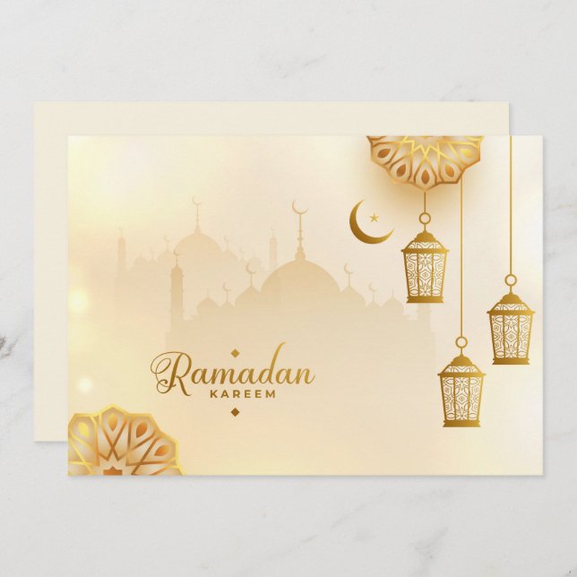 Cartão De Festividades Ramadan Kareem Ouro Crescent e lanterna (Frente/Verso)
