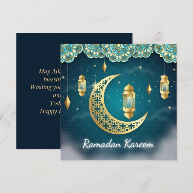 Cartão De Festividades Ramadan Mubarak Blue Dourada cent Lanterna Islâmic (Frente/Verso)