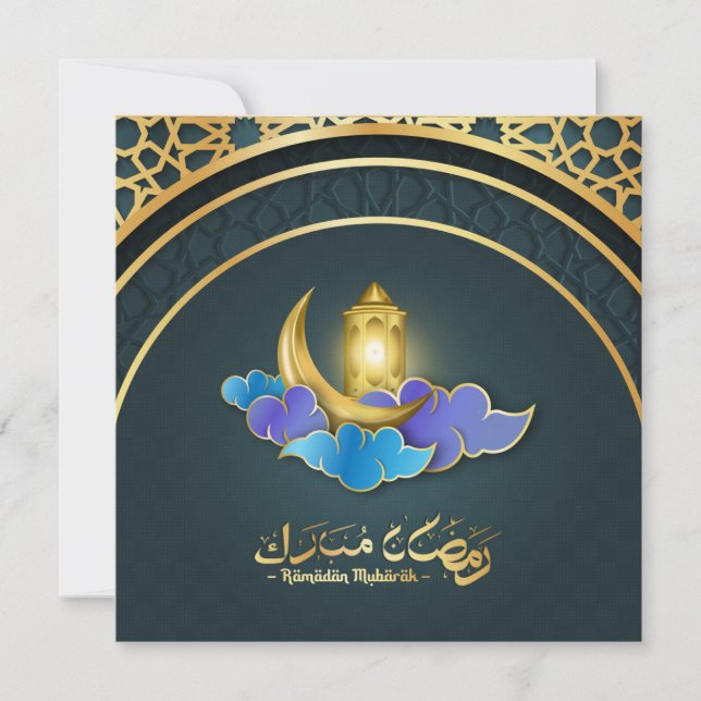 Cartão De Festividades Ramadan Mubarak Blue Dourada cent Lanterna Islâmic (Frente)