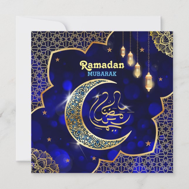 Cartão De Festividades Ramadan Mubarak Caligrafia Árabe Crescente Dourado (Frente)