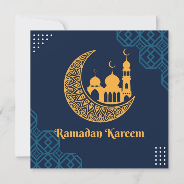 Cartão De Festividades Ramadan Mubarak Crescent Masjid Silhouette Azul (Frente)
