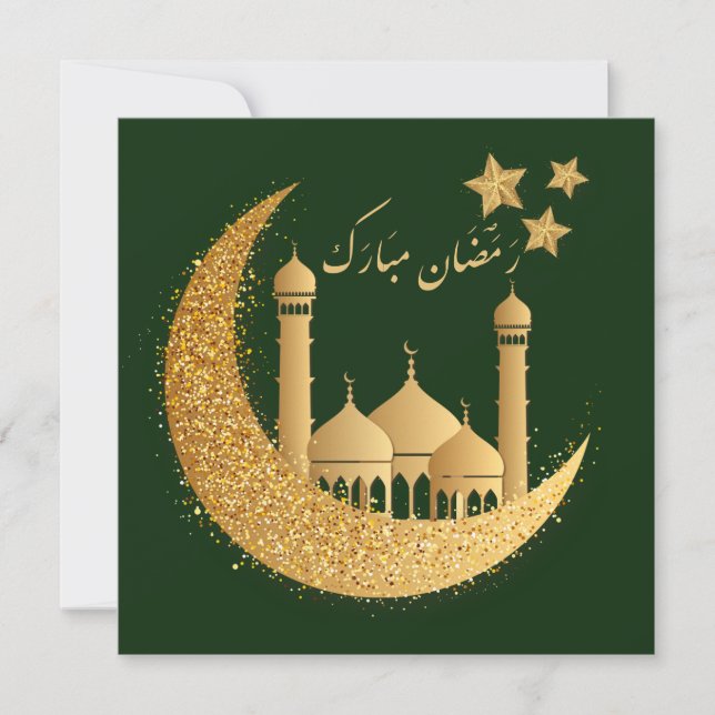 Cartão De Festividades Ramadan Mubarak Crescent Stars Mesquita Verde Dour (Frente)