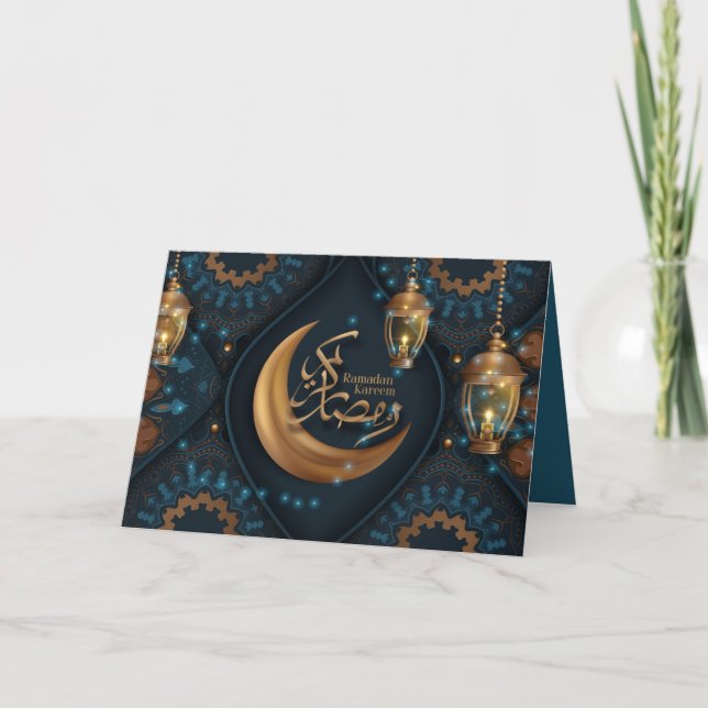 Cartão De Festividades Ramadan Mubarak Dourado Crescente Árabe Padrão Azu (Frente)