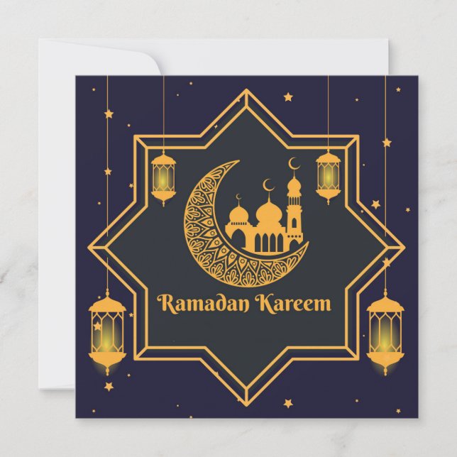 Cartão De Festividades Ramadan Mubarak Lanterna Islâmica Azul Crescente (Frente)