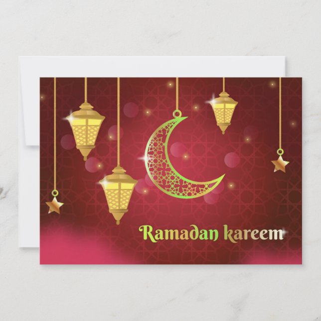 Cartão De Festividades Ramadan Mubarak Lanterna Islâmica Vermelha Crescen (Frente)