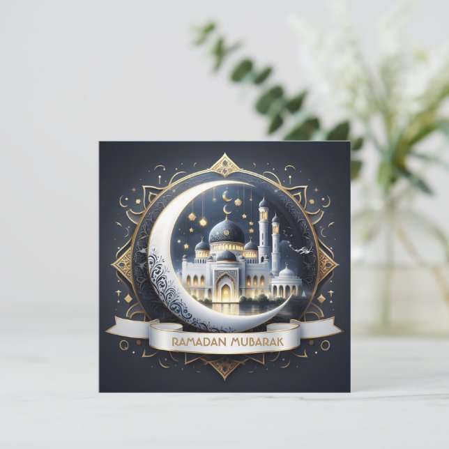 Cartão De Festividades Ramadão Mubarak Músulmana Dourada Mesquita Azul-Ma (Em pé/Frente)