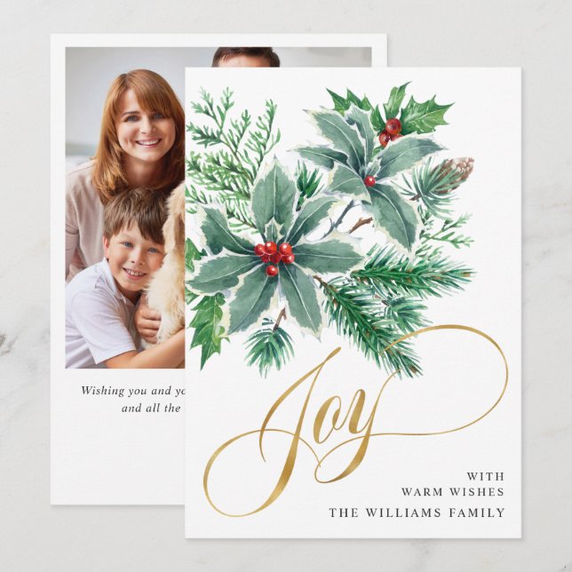 Cartão De Festividades Ramagem de Azevinho JOY Natal Foto de Cumprimentos (Frente/Verso)