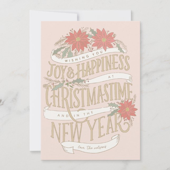 Cartão De Festividades Ramagens de poinsettia e faixas (Frente)