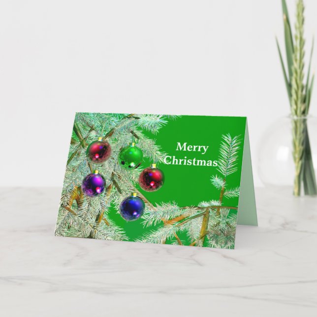 Cartão De Festividades Ramificações e ornamentos de árvores congeladas em (Frente)