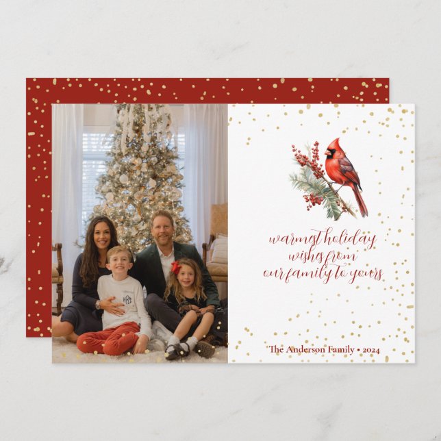 Cartão De Festividades Ramo de Azevinho Cardinal Invernal Aquarela Rústic (Frente/Verso)