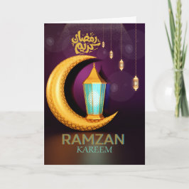 Cartão De Festividades Ramzan Kareem Lua Dourada Com Lanternas Roxas