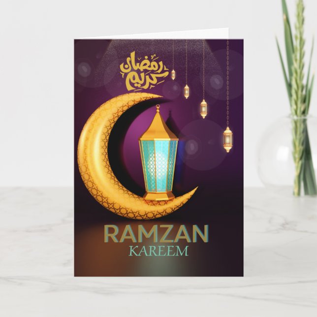 Cartão De Festividades Ramzan Kareem Lua Dourada Com Lanternas Roxas  (Frente)