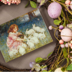 Cartão De Festividades Rapariga alimentando coelhos