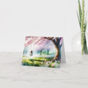 Cartão De Festividades Rapariga de Aquarela em um Swing