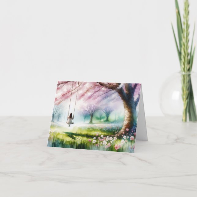 Cartão De Festividades Rapariga de Aquarela em um Swing (Frente)