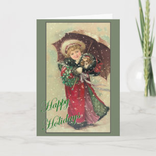 Cartão De Festividades Rapariga de Natal com Puppy