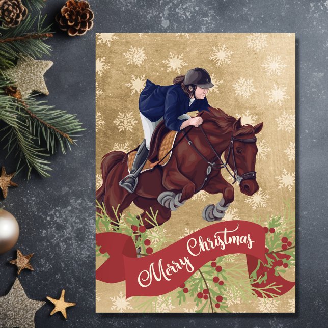 Cartão De Festividades Rapariga e Cavalo Saltando Feliz Ouro de Natal (Front - Girl and Horse Jumping Merry Christmas Golden Holiday Card)